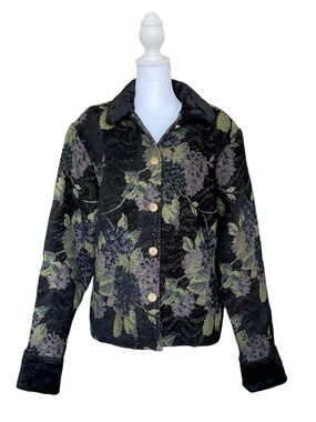 Vintage Black Floral Tapestry Jacket w/ Velvet Trim & Gold Buttons - Sz XL